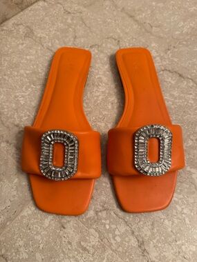 Women's Orange Slide Sandals with Crystal Buckle